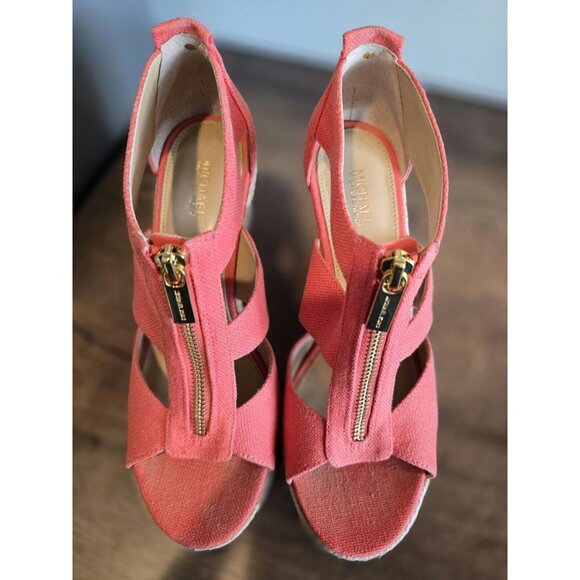 Michael Kors Damita Wedge 6.5 Pink/Grapefruit Canvas Platform Sandals Open Toe - Picture 2 of 8